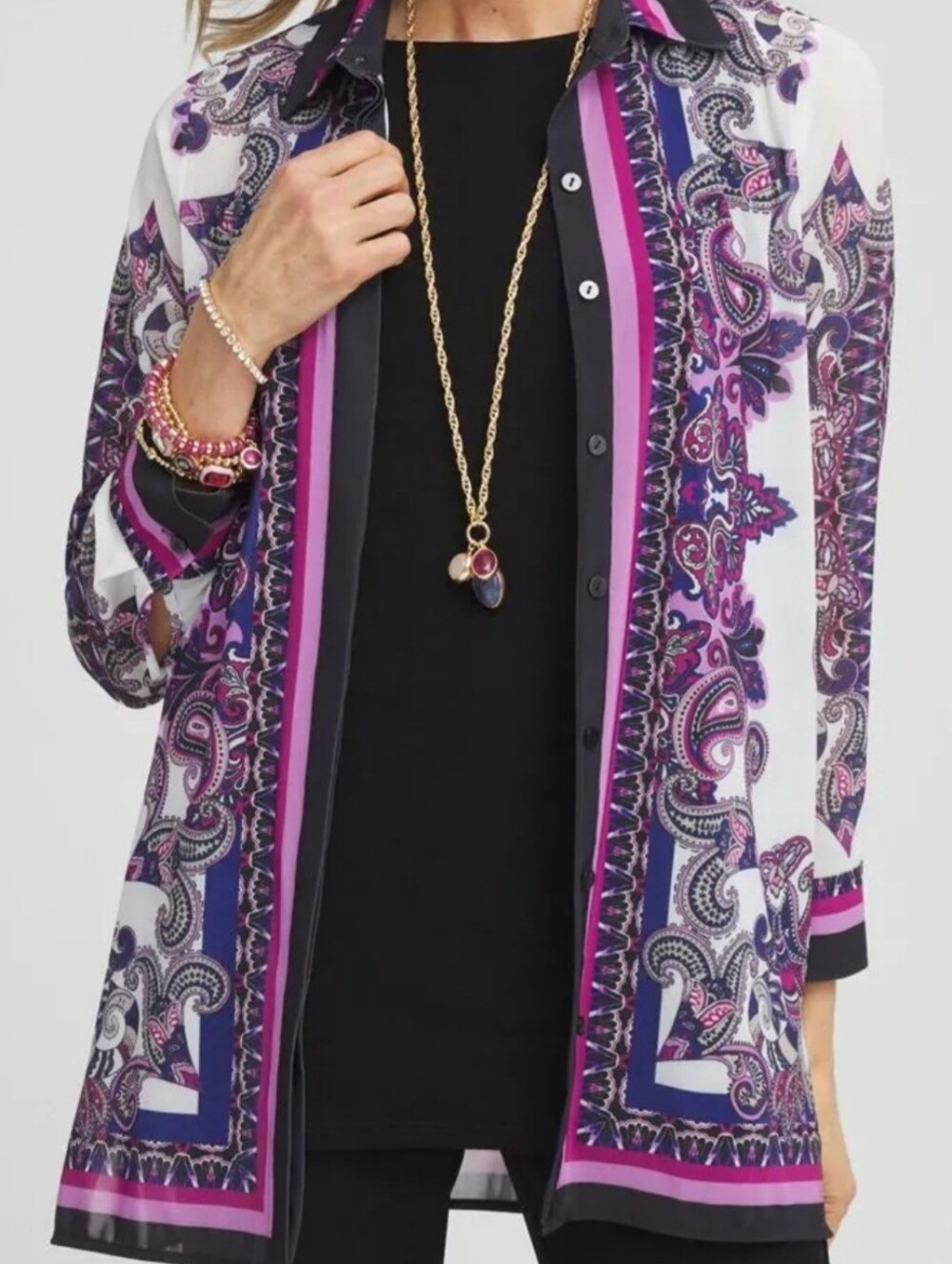 Chico's White Pink Purple Paisley Mesh Button-Down Long Tunic